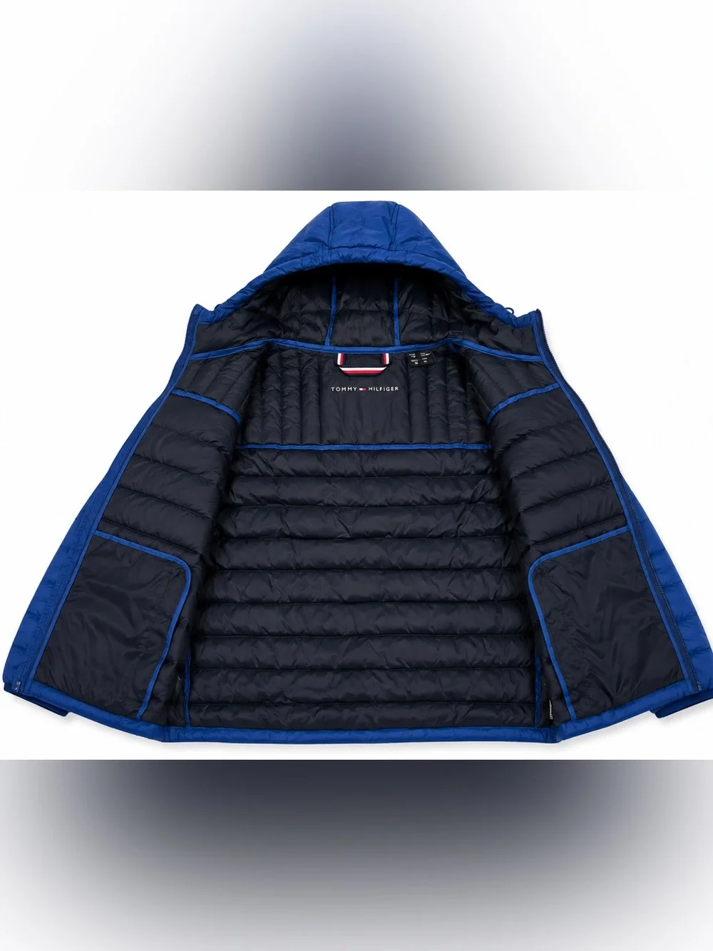 Tommy Hilfiger Men’s Puffer Jacket Medium Blue Red White Hooded Full Zip